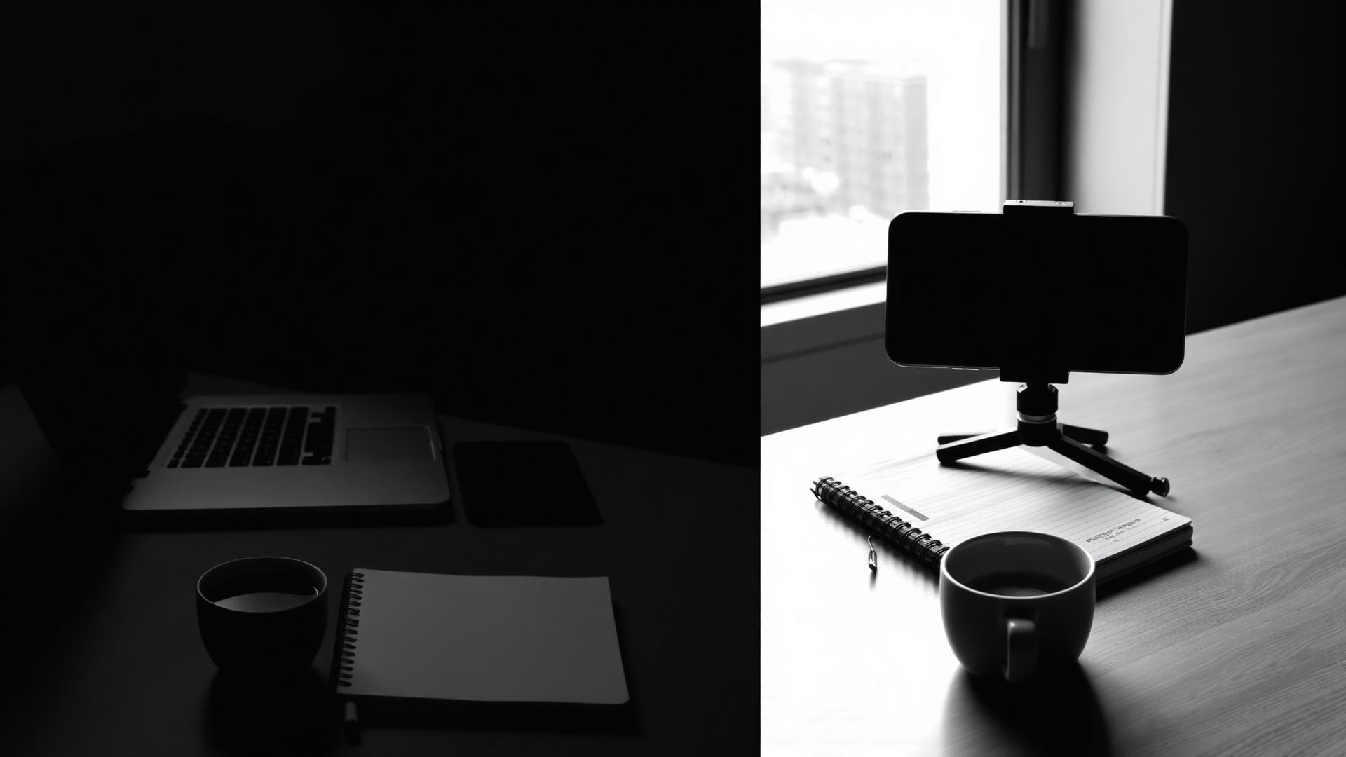 Grayscale workspace with a laptop, notebook and phone on a tripod